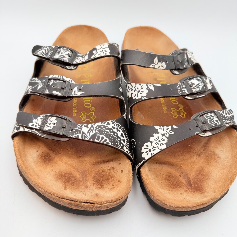 Papillio by Birkenstock Florida Sandals Black Floral Paisley 3 Strap Slide 40 9